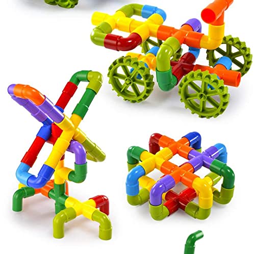 Image of AEXONIZ TOYS Colorful Building Blocks for Kids - Plastic Pipe Building Block with Wheels Creative Smart Activity Fun and Learning Blocks Puzzle Assemble Toys, Children Gift Set(85Pcs)