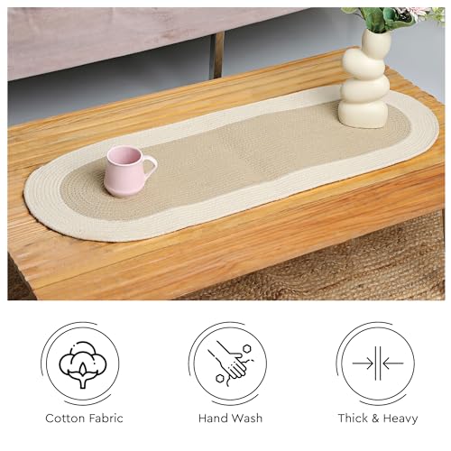 Image of Encasa XO Table Runner for 4 Seater | Handmade Ribbed Style Cotton | 30x91 cm | Beige & Off White | for Dining & Center Table