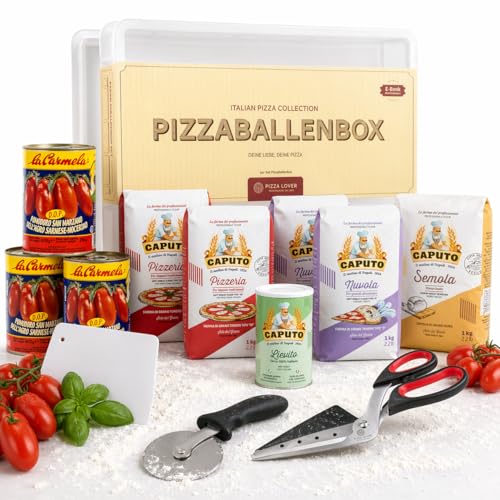 Pizza Lover Pizza Starter Set Mega Pizzateigbox 30x40x7 5 cm mit Deckel Pizzaschere mit Heber Pizzaroller Teigschaber Caputo Mehl Hefe & la Carmela San Marzano DOP Tomaten weiße Gärbox