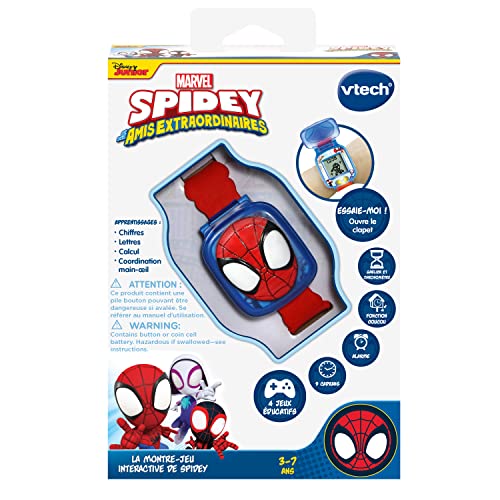 VTech - Disney Junior, La Montre-Jeu Interactive de Spidey, Montre Enfant à Clapet, Écran Animé, Bracelet Souple, 9 Cadrans, 4 Jeux Éducatifs, Cadeau Enfant de 3 Ans à 7 Ans - Contenu en Français
