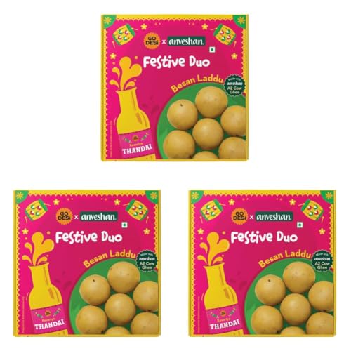 Image of GO DESi Festive Duo Holi Gift Box | Besan Laddu and Thandai Combo | Made With Bilona-Churned A2 Ghee from Anveshan | Holi Sweets | Holi Gifting (Pack of 3)