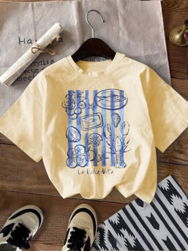 Image of RoseSeek Women's Graphic Letter Tee Crew Neck Trendy Summer Vintage T Shirt | Drop Shoulder, Short Sleeve Car Print Top, Graphic Tees for Women, Y2k Vintage Tshirts
