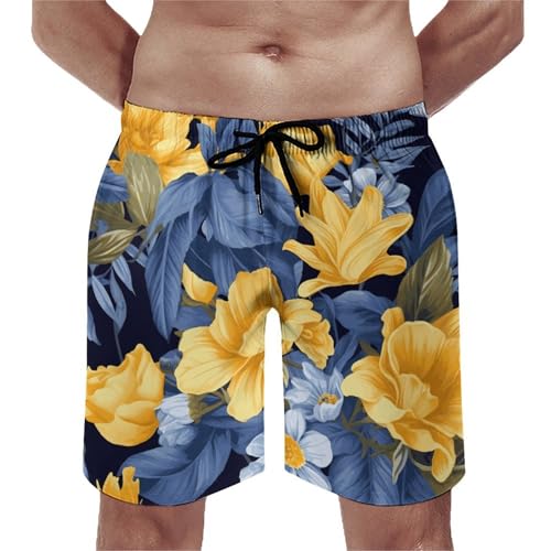 Men's Blue Base Yellow Floral Swim Trunks, Quick-Dry Beach Shorts, Bathing Suit with Mesh Lining and Pocket