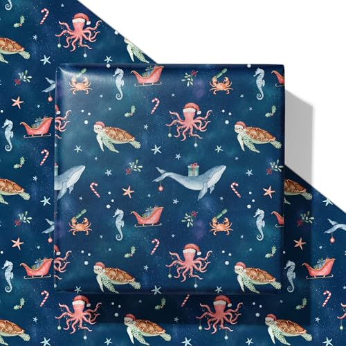 SaringSwoon Ocean Christmas Wrapping Paper for Boys Girls Kids - Blue Xmas Gift Wrap with Whales, Octopuses, and Santa Hats on Galaxy Design - 40×28 Inches, 4 Folded Sheets, Easy Storage