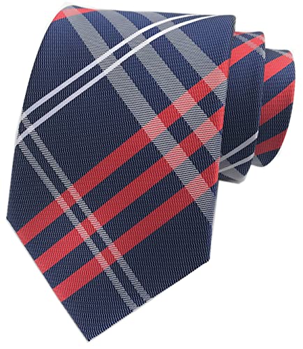 Vizakiss Men Navy Blue Check Red White Fine Striped Tartan Plaid Ties Regular Wedding Silk Necktie for Boys