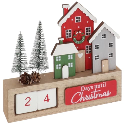 Shudehill Giftware Wooden Christmas Countdown Calendar, Decorative Holiday Houses with Pine Trees, Red and White Nordic Style Advent Display