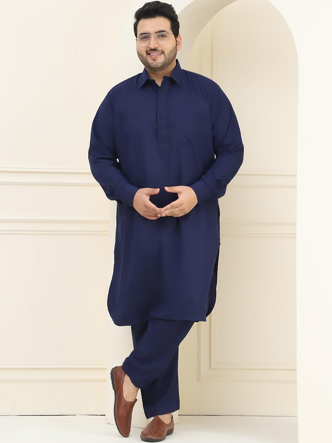Sojanya Plus (Since 1958), Men's Cotton Navy Blue Pathani Kurta Salwar Set