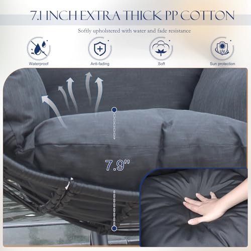Hanging Egg Chair with C-Stand, Oversized Wicker Swing Hammock Chair with 8" Thick Seat Cushion & Dust Cover, Heavy Duty Steel Frame, 450lb Capacity, for Indoor Outdoor Patio Garden Backyard (Black) - Thumbnail 3