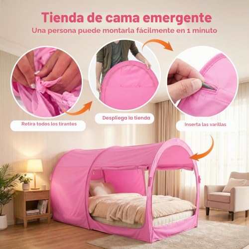 Miniatura 4 de Tienda De Campaña De Ensueño Tipo Dosel Para Cama, Refugio Interior Tipo Cabaña, Privacidad, Cálida, Transpirable, Desplegable, Tamaño Individual, Para Niños Y Adultos, Rosa Colchón No Incluido