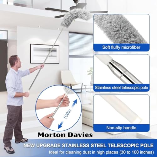 Image of 5 in 1 Microfiber Feather Duster 5 PCS Bendable & Extendable Fan Cleaning Brush with 100 inches Expandable Pole Handle Washable Mop for High Ceiling Fans (grey) 5 in 1
