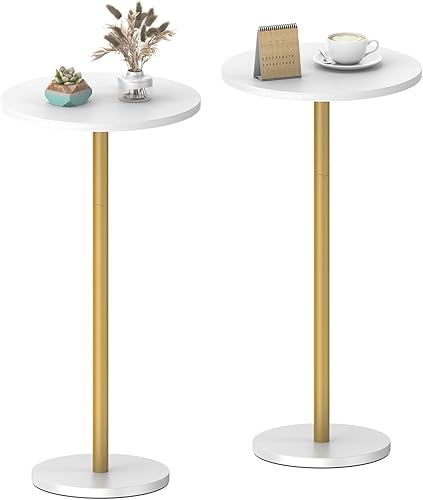 Juego de 2 mesas auxiliares redondas pequeñas blancas para bebidas con pedestal para espacios pequeños, mesa de café redonda de cóctel para sala de