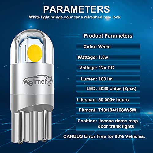 Weimeltoy 194 Led Car Bulb 3030 Chipset 2Smd T10 194 168 W5W Led Wedge Light Bulb 1.5W 12V License Plate Light Courtesy Step Light Trunk Lamp Clearance Lights (6Pcs/Pack) #TOP3