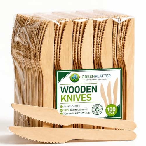 Image of Greenplatter Wooden Knives Disposable Biodegradable Birch Wood Utensils for Parties, Picnics, Weddings, BBQs, and Events (100)
