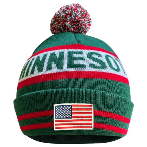 Cayyon US Flag City Hockey Embroidery Classic Pom Cuff Minnesota Beanie Hat Cuffed Winter Soft Beanie Knit Pom Hat Cap Green
