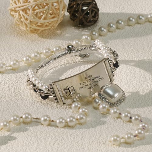 Medical ID Bracelet for Women Feminine Elegant Adjustable Metal Chain Bracelet Strap with Leather Pearl Beaded Stylish Custom Alert Bracelets Allergy ADHD4