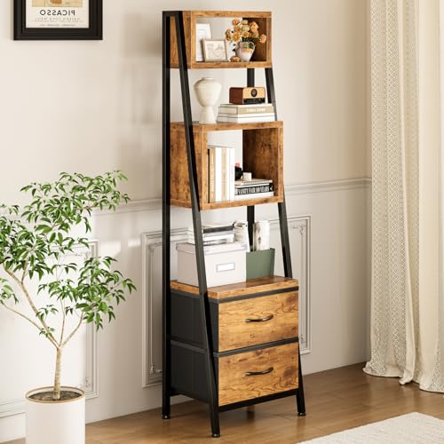 Coleshome Estanteria Estrecha, Libreria de Almacenamiento de 5 Niveles con 2 Cajones de Tela, Estanteria Libros para Estudio, Dormitorio, salón, 39 x 28 x 157 cm, Color Retro