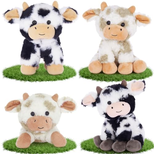 Tezituor 4 Pcs Cow Stuffed Animal Bulk 10'' Cow Plush Toys Soft Cow Plushies Farm Animal Party Decor Christmas Birthday Gifts for Boys Girls