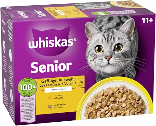 Whiskas Senior 11+ Katzennassfutter Geflügel Auswahl in Gelee, 48 Portionsbeutel, 12x85g (4er Pack) – Hochwertiges Katzenfutter nass, für Katzen ab dem 11. Lebensjahr
