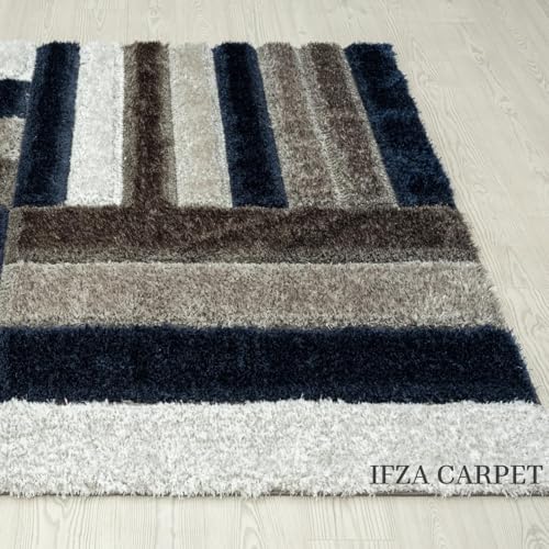 Image of Carpets for Living Room 6 x 9 Feet Soft Smooth Thick Non-Slip Fluffy Shaggy Area Rug for Bedroom, Drawing, Kids Room, Office with Upto 2 Inch Microfiber High Pile (Blue White A)
