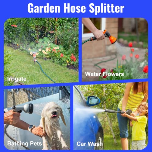 Image of 2 Way Garden Hose Splitter, Stainless Steel, Heavy Duty 304 Stainless Steel Full Flow T Valve with Long Handle, Lead-Free Rust & Freeze Resistant, 3 /4 inch GHT Thread Outdoor Water Hose Adapter