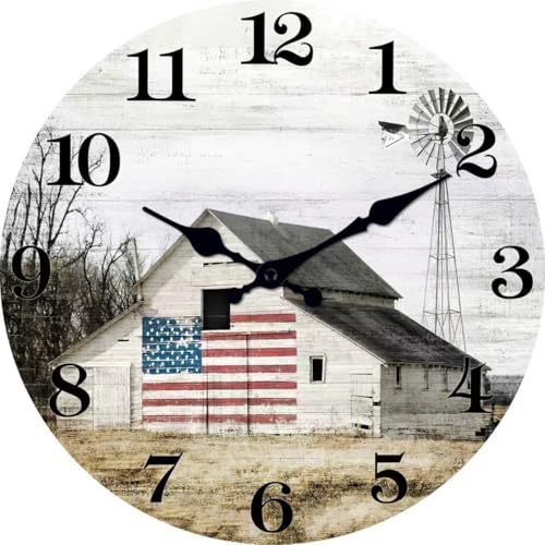 Image of XFM Farmhouse Wall Clock Battery Operated 16 Inch Silent Old Barn | Country American Flag Big Round Analog Decorative for Living Room Kitchen Bedroom Office Non-Ticking