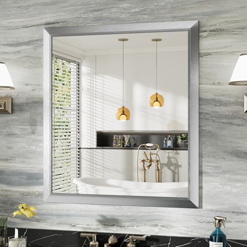 Image of 36x32 Inch Brushed Silver Bathroom Mirror for Wall, Thick Metal Framed Rectangle Mirrors for Over Sink, Bedroom, Living Room, Entryway, Anti-Rust, HD Tempered Glass