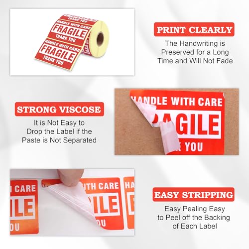 Image of GLUN Fragile Stickers Roll 60x40 mm, Paper Care Warning Stickers 300 Labels, Strong Adhesive Red Fragile Labels with for Shipping Packing of Goods and Moving