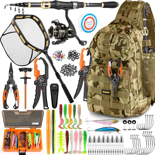Image of PLUSINNO Fishing Gear-Fishing Rod & Fishing Backpack, Fish Net,Tackle Box | Tackle Backpack Kit With Fishing Pole For Saltwater & Freshwater, Fishing Floating Net, Fishing Tools, Fishing Tackle Bag