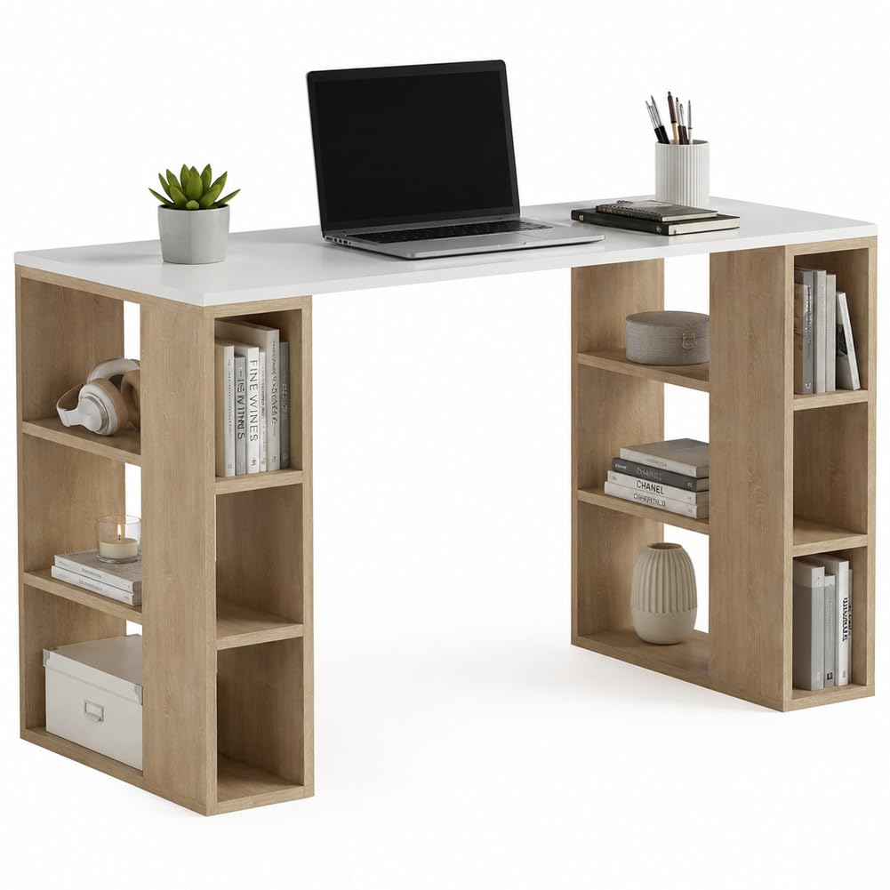 BAKAJI Scrivania con Doppia Libreria 6 Ripiani Tavolo da Lavoro Porta PC Computer Struttura e Piano in Legno MDF Arredamento Casa Ufficio Cameretta Design Moderno 140 x 60 x 75 cm, Quercia