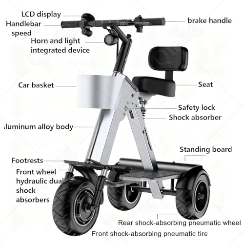 Uibao Monopattino Pieghevole A 3 Ruote Per Adulti,Supporta 150Kg Deambulatori Per Anziani Scooter Leggero,Motore Da 450 W,3 Velocità Regolabili,Dotato Di Batteria Rimovibile Da 36V 10A - 4