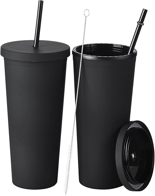 ALINK 2-Pack Plastic Tumbler with Lid and Straw, 22OZ Reusable Cup with Straws Lids, Double Wall Water Bottle, Iced Coffee Travel Mug Cup with Straw Brush - Black