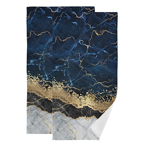Bath Towels Set of 2 Hand Towels for Bathroom Cotton Navy Blue Marble with Golden Veins Decorative 28x14in Absorbent Soft