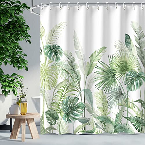 RosieLily Tropical Botanical Shower Curtain Set, 72x72 inches, Green Leaf Pattern with 12 Hooks
