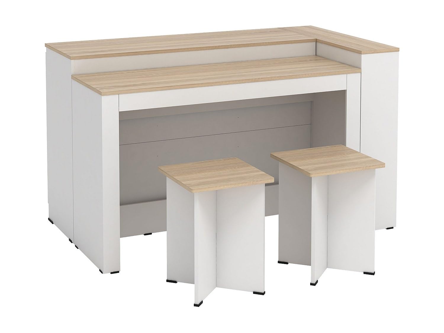 Vente-unique - Ensemble îlot Central de Cuisine + 2 tabourets - Blanc et Naturel Clair - NUSICE