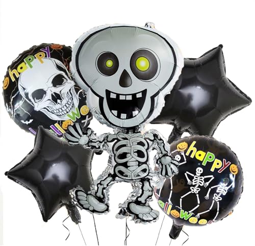 Image of AMFIN (Pack of 5) Happy Halloween Party, Skeleton Ghost Foil Balloons - White, Black