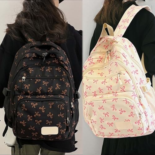 Coquette Bow Backpack 3Pcs Set, Nylon Coquette Backpack With Bow Pattern (Brown)4