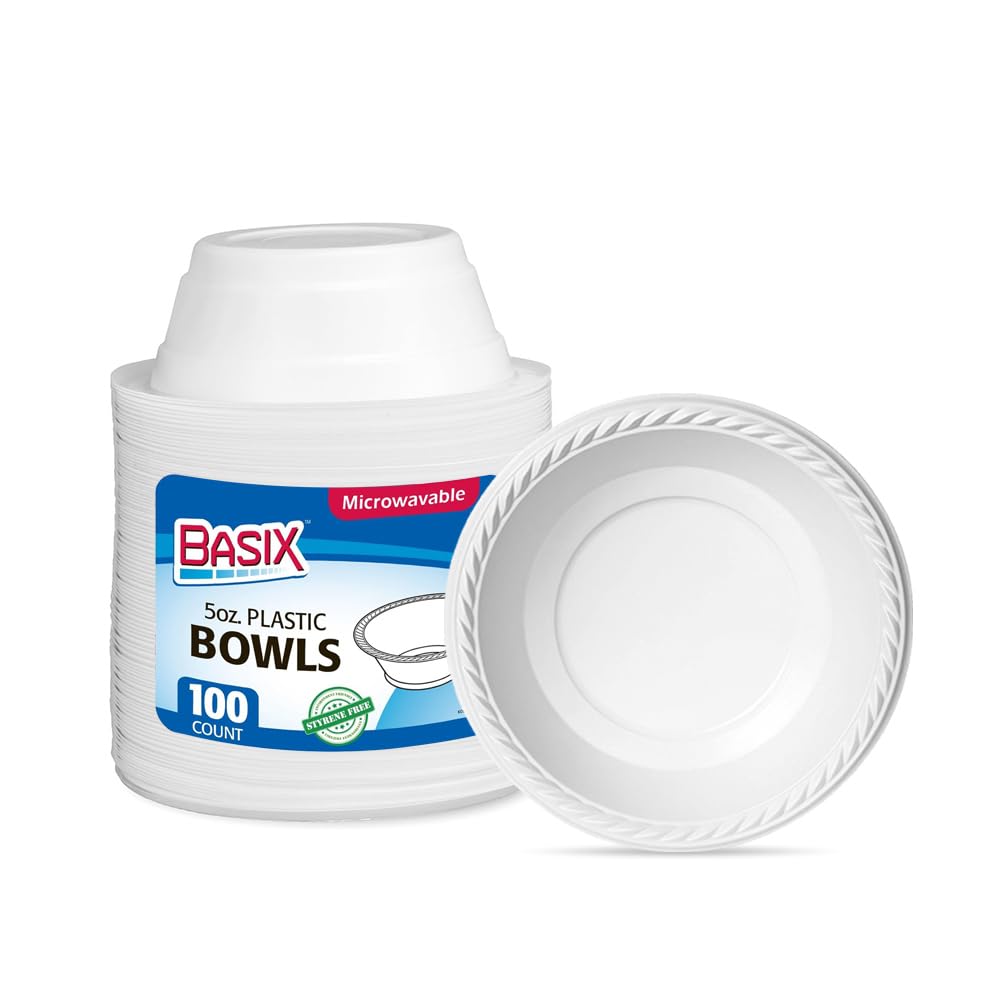 Basix [100 Count] Disposable 5 Oz White Plastic Dessert Bowls, Microwavable, Great For School, Take Out, Events, Home, Office, Wedding, Parties, Or Everyday Use, 1 Pack