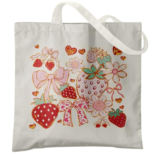 Veqzc Coquette Strawberry Tote Bag, Preppy Pink Bow Strawberries Canvas Tote Bags for Women, Cute Girly Strawberry Reusable Grocery Shopping Bag
