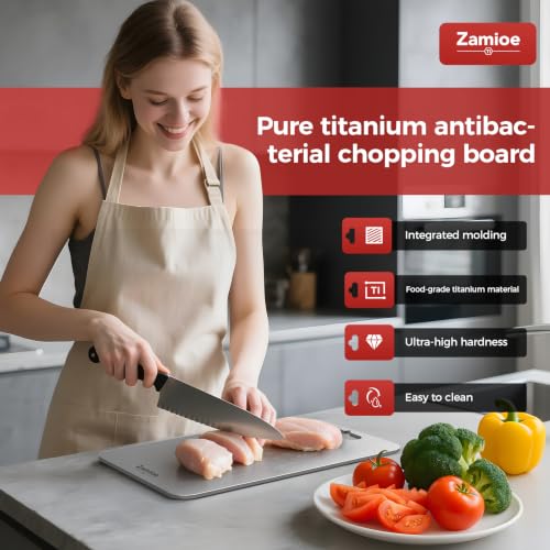 Image of Titanium Cutting Board,Pure Titanium Cutting Boards for Kitchen | Double-Sided Non-Toxic Cutting Board,Vegetables,Fruits,Raw and Cooked Food Prep,Features Handle,Dishwasher Safe,13 inch x 8 inch