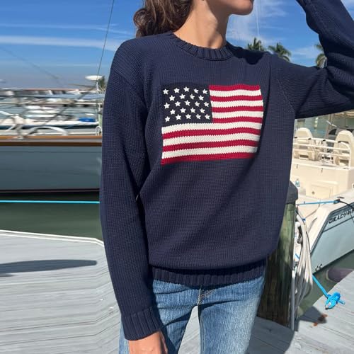 Image of Womens American Flag Sweater Long Sleeve Crew Neck Star Graphic Knit Pullover Tops Casual Loose USA Sweater