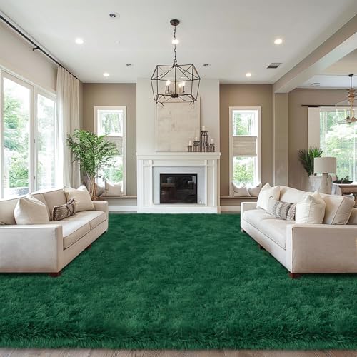 Area Rugs 9x12 Living Room, Large Fluffy Dark Green Area Rugs for Bedroom, Soft Carpet Shag Kids Room Rug, Non-Slip Fuzzy Rugs Indoor (9ft x 12ft, Dark Green)