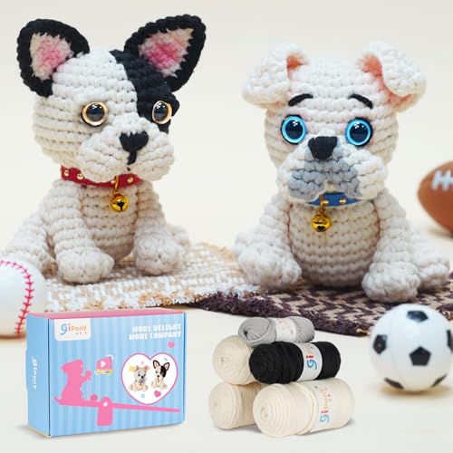 Image of Gipony Crochet Kit for Beginners Animal,Crochet Animal Kits,Crochet Pet Toys Kits,Learn to Crochet with Step-by-Step Video Tutorials,Beginners Crochet Kits for Adults(2 Pack French Bulldog)