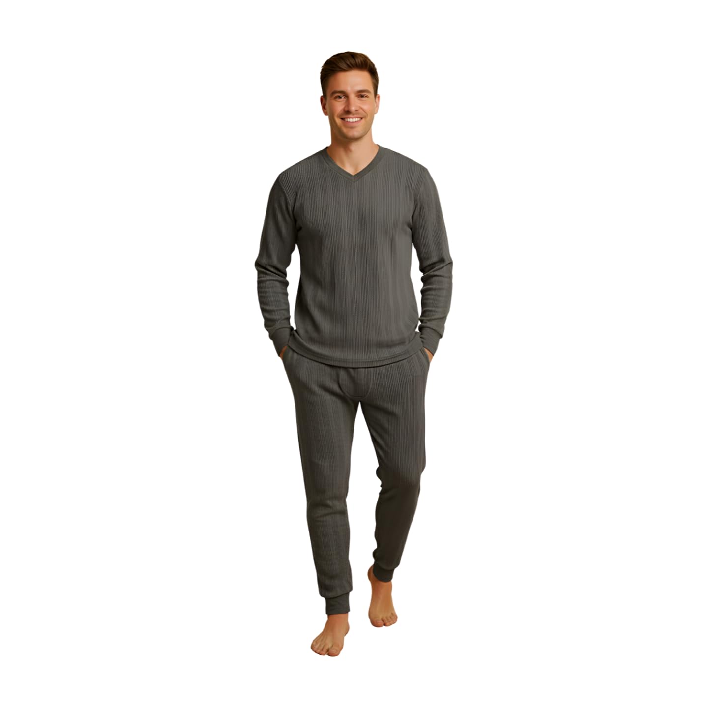 parito Men's Winter Thermal Wear V-Neck Vest and Pyjama Set, Ribbed Long Sleeve Charcoal-picture-11