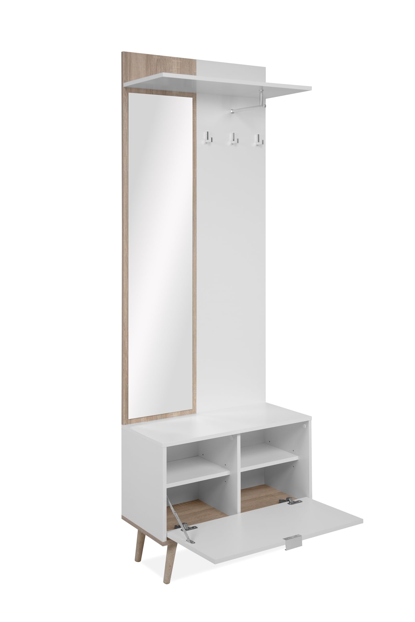 möbelando Kompaktgarderobe Göteborg – Garderobenschrank mit Spiegel, 195 cm hoch, Weiß/Sonoma Eiche – Platzsparend für Flur, Keller & Hauswirtschaftsraum