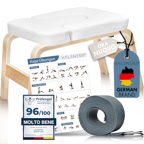 VALENESS® Sgabello Yoga per Verticali - Sgabello Yoga Headstand con Fascia, Poster e Blocco Esercizi - Seduta Yoga per Esercizi Headstand in Legno Massiccio - Attrezzatura e Accessori Yoga a Casa