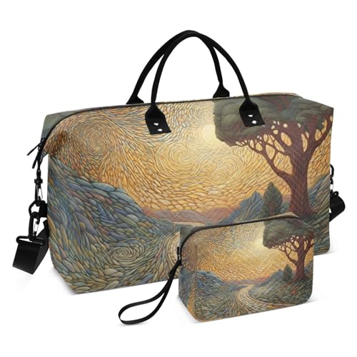 Large Travel Duffel Bag, Road and Tree Sports Tote Gym Bag, Shoulder Weekender Overnight Bag for Women Men, Carry On Luggage with Toiletry Bags