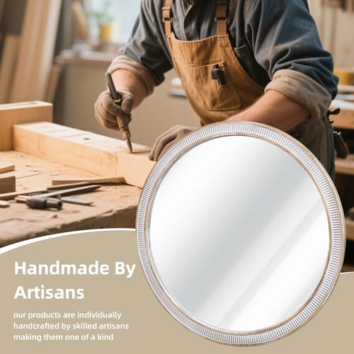 Image of 30 Inch Round Mirror, Rustic Farmhouse Circle Mirrors for Wall Decor | HD Tempered Glass, Over-sink Accent, Warm Wooden Look, Decorative Style for Living Room, Foyer, Entryway, Bathroom