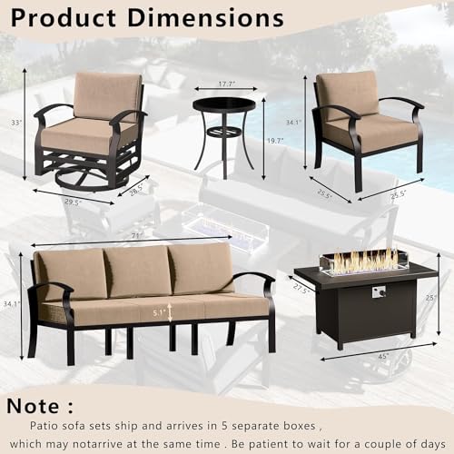 Image of Patio Furniture Set 7-Piece Aluminum Armrest Sofa, Modern Outdoor Living Room Set with 55000 BTU Propane Aluminum Fireplace, Outdoor Rotary Joystick with Thick Cushion