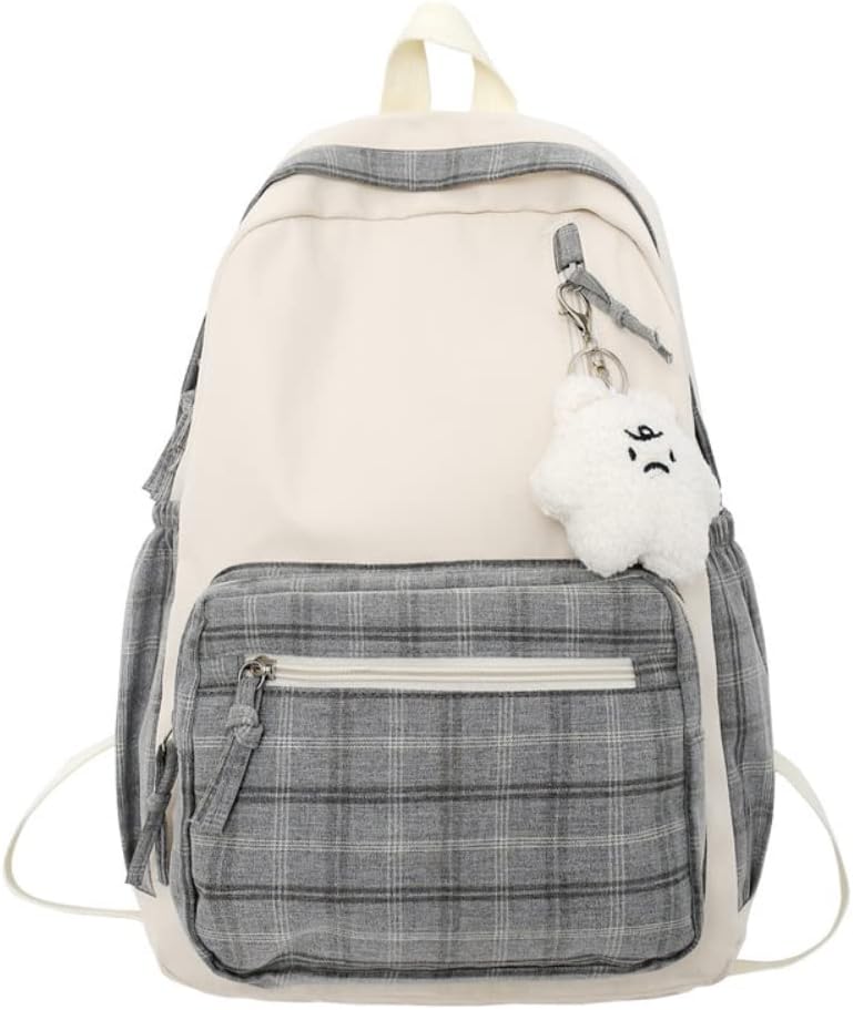 Aesthetic Backpack Kawaii Sage Green Cute Plaid Backpack with Plush Pendant Lightweight Large Capacity Students Bookbag School Bag Casual Daypack