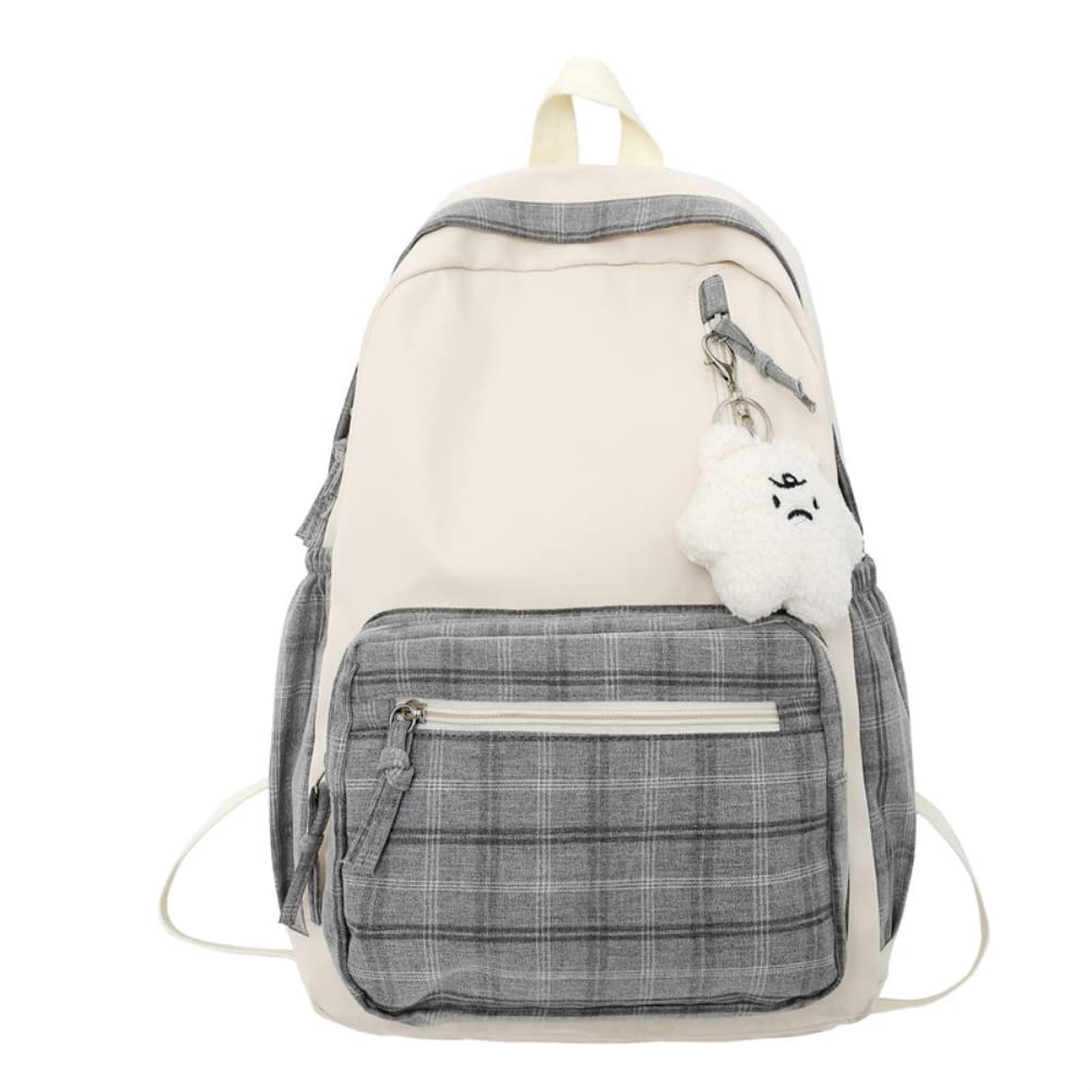 Yqkoop Girls Gray Aesthetic Backpack Kawaii Plaid Backpack Sage Green Backpack For Teens Cute School Supplies Aesthetic Daypack With Plush Pendant